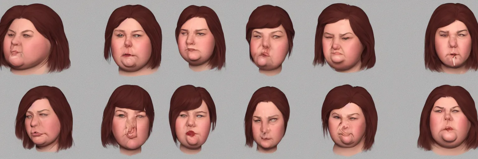 Image similar to female character face study of bill hicks, fat woman, smoking, clear faces, emotional, character sheet, fine details, concept design, contrast, kim jung gi, pixar and da vinci, trending on artstation, 8 k, 3 6 0 head, turnaround, front view, back view, ultra wide angle