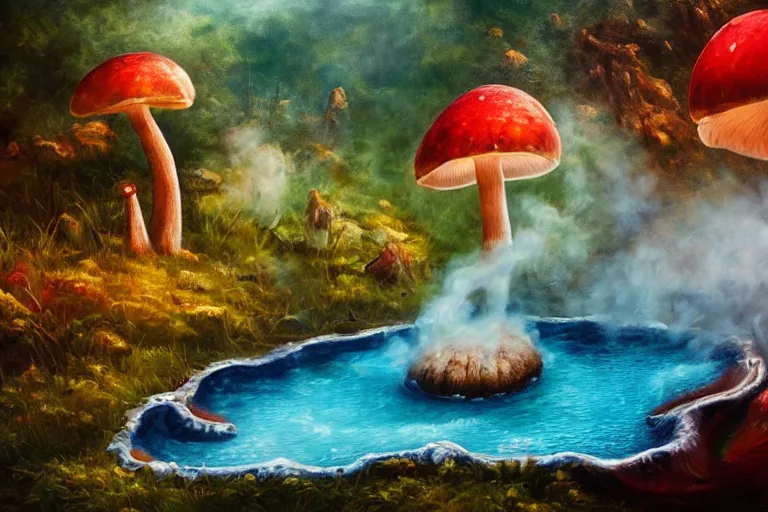 Prompt: highly detailed oil painting of a dinosaur ( ( mushroom ) ) in a steaming colorful hotspring, featured on artstation