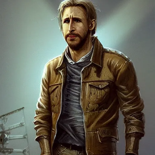 Image similar to a highly detailed epic cinematic concept art CG render digital painting artwork costume design: Harrison Ford/Ryan Gosling, old scars, long hair, grizzled, tired and drunk, in an old 1950s leather jacket. By Greg Rutkowski, Ilya Kuvshinov, WLOP, Stanley Artgerm Lau, Ruan Jia and Fenghua Zhong, trending on ArtStation, made in Maya, Blender and Photoshop, octane render, excellent composition, cinematic atmosphere, dynamic dramatic cinematic lighting, aesthetic, very inspirational, arthouse