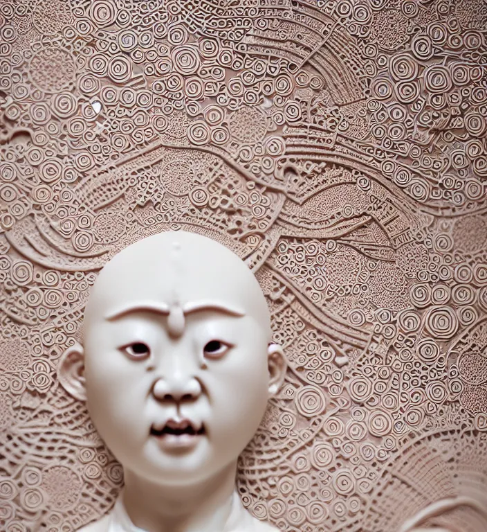 Image similar to Japanese architecture , A Close up photo-real delicate ceramic porcelain sculpture of a symmetrical ornate detailed in front of an intricate background by Victo Ngai and takato yamamoto, micro detail, backlit lighting, face in focus, subsurface scattering, translucent, thin porcelain, octane renderer, colorful, physically based rendering, japanese pottery, trending on cgsociety