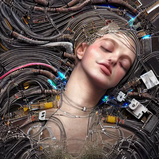 Image similar to tapping in to something greater, piles of modular synth cables, goddess laying down wearing a headpiece made of circuit boards, by cameron gray, wlop, stanley kubrick, masamune, hideki anno, unique perspective, trending on artstation, 3 d render, vivid