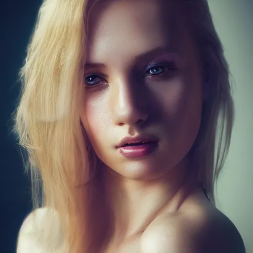 Image similar to a realistic photo of a gorgeous young woman, fashion model portrait, studio lighting, blonde hair, in the style of Daniel Jackson and Julia Hetta, artstation, cinematic color grading, muted colors, soft light, rule of thirds, cinematic,