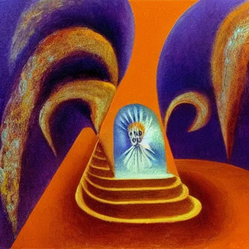 Image similar to an original painting by remedios varo, uses gold, airy, blue, orange and violet as colors