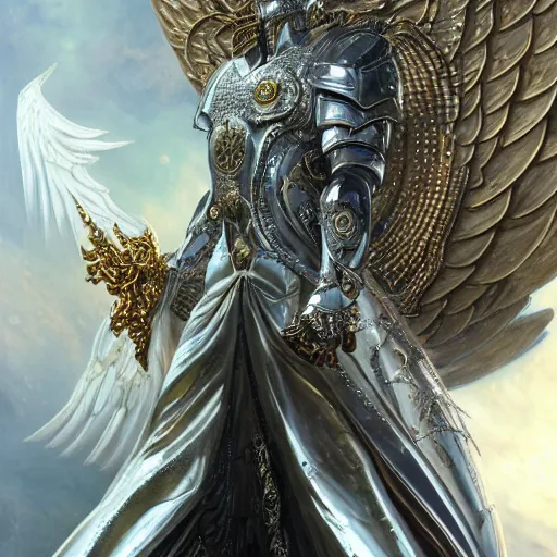 Image similar to a beautiful male angel wearing a white chrome armor with golden ornaments and diamonds jewelry by alex gray and android jones, karol bak, ayami kojima, amano, concept art, character design, fantasy, 3 d, 8 k resolution