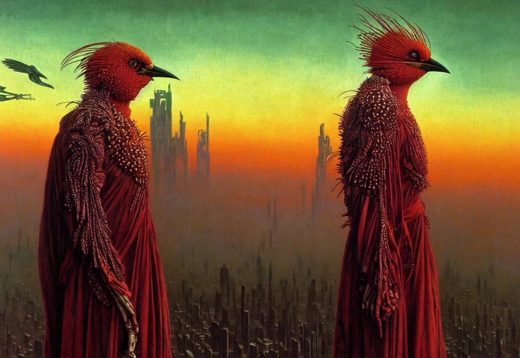 Prompt: realistic detailed portrait movie shot of a birdman wearing dark ragged robes, futuristic city sunset landscape background by denis villeneuve, amano, yves tanguy, alphonse mucha, ernst haeckel, max ernst, roger dean, rich moody colours, cinematic