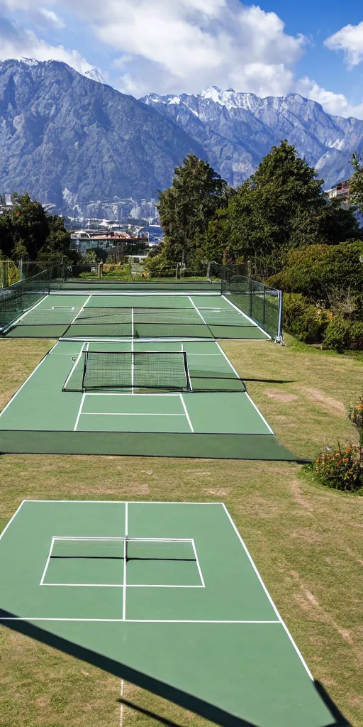 Prompt: The tennis court of the seaside resort, with a mountain background, taken by a professional photographer.