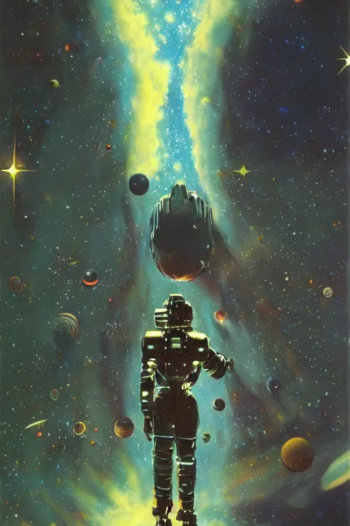 Image similar to the milky way galaxy, art by william rotsler and joe jusko and peter andrew jones, trending on artstation, front lighting, 2 0 0 1 : a space odyssey, multiple exposure, scifi, tachism