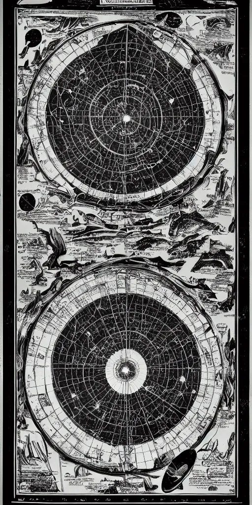 Prompt: old cartography of the universe like a kabbalah, galaxy, black background, dark