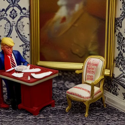 Prompt: dollhouse diorama of donald trump in the whitehouse, macro photography, canon, dslr