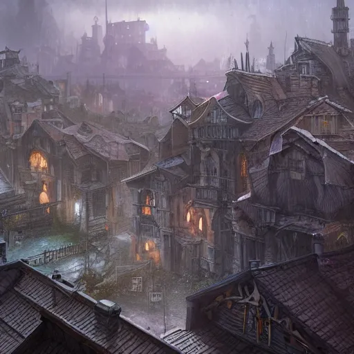 Prompt: a grim dark fantasy town seen from the gutters, dnd encounter, dark fantasy, rain, atmospheric lighting, extremely detailed, no people, photorealistic, octane render, 8 k, unreal engine 5. art by artgerm and greg rutkowski and alphonse mucha