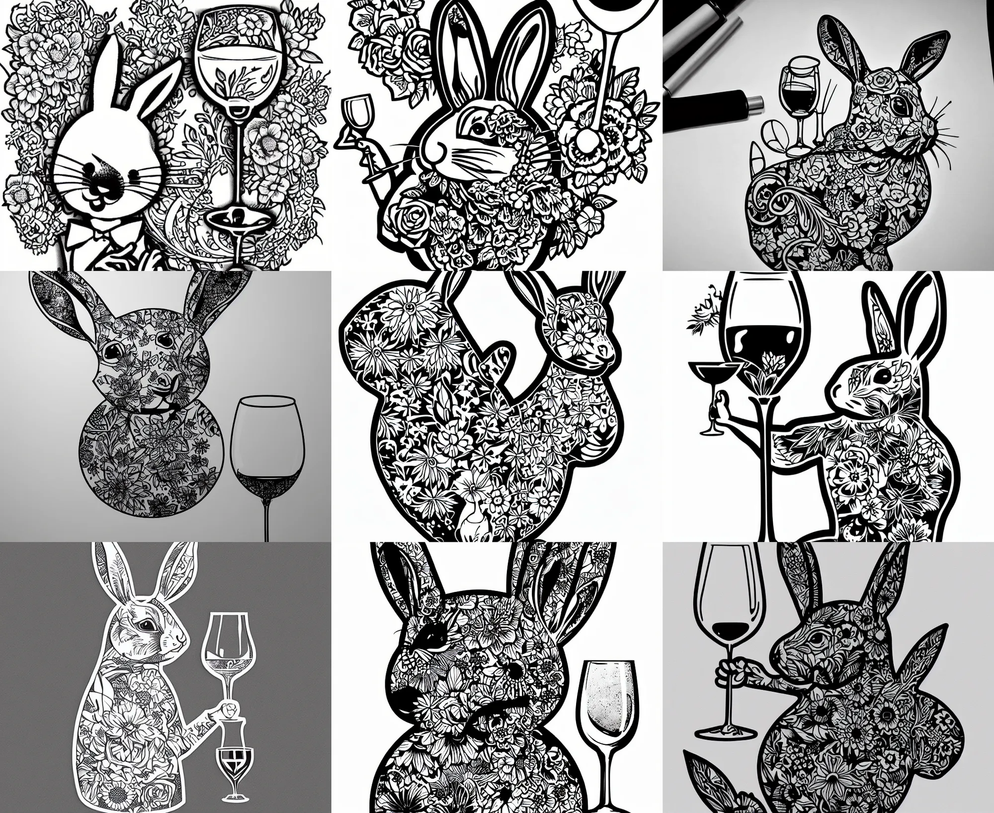 Prompt: hyperdetailed tattoo stencil, floral anthropomorphic rabbit holding wine glass