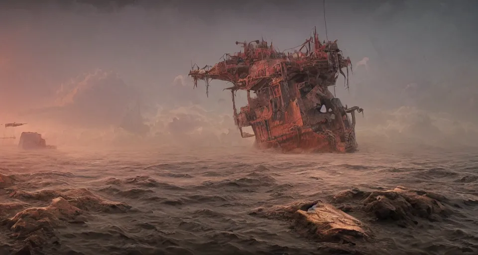 Prompt: Derelict galleon washed up seascape, rendered by zdzisław beksiński, simon stålenhag, Beeple, environment concept, digital art, starwars, unreal engine, 3 point perspective, WLOP, trending on artstation, low level, 4K UHD image, octane render,