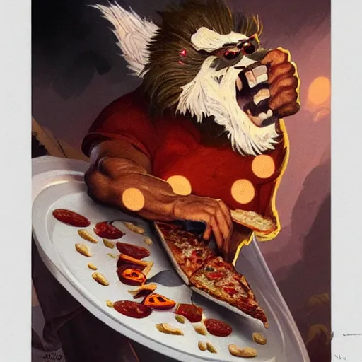 Prompt: portrait of gritty opening his mouth to eat pizza, also smashing pizza with his fists, highly detailed, digital painting, artstation, concept art, sharp focus, illustration, art by artgerm and greg rutkowski and alphonse mucha