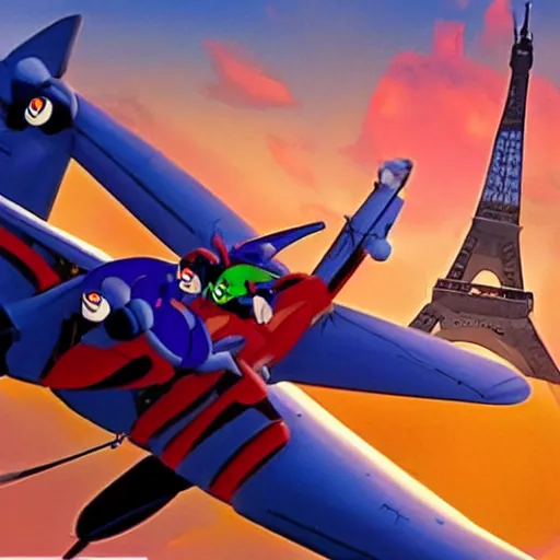 Image similar to swat kats of tbone and razor, in their plane, with eiffel tower visible in background, extremely detailed, imax movie still