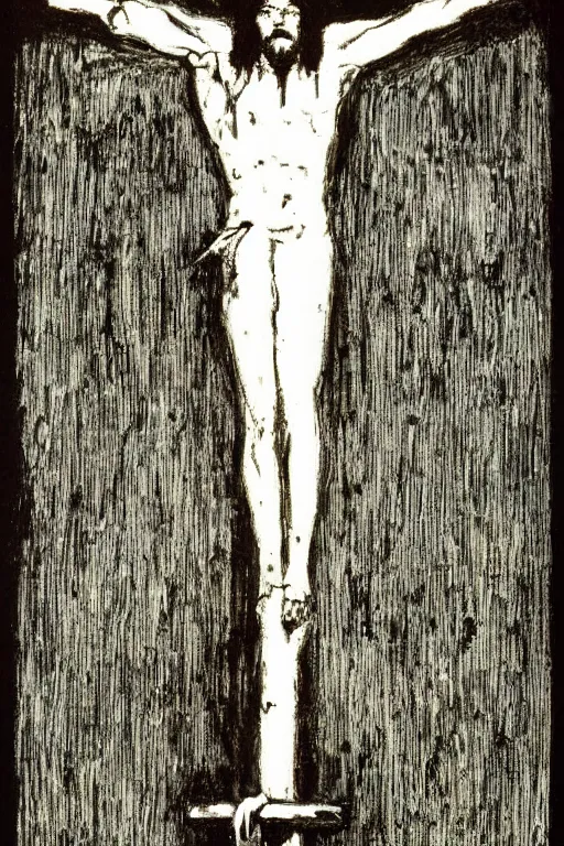 Image similar to bloody christ crucified looking like a big mushroom painted in black and white by cy twombly and andy warhol