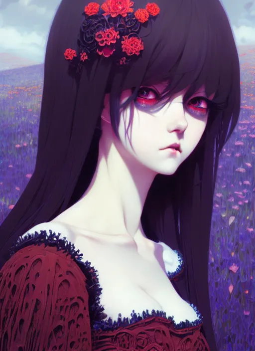 Image similar to portrait of beautiful gothic girl, cute face, intricate, highly detailed, digital painting, official media, anime key visual, concept art, rich vivid colors, ambient lighting, sharp focus, illustration, art by wlop and ilya kuvshinov and makoto shinkai and range murata and gustav klimt