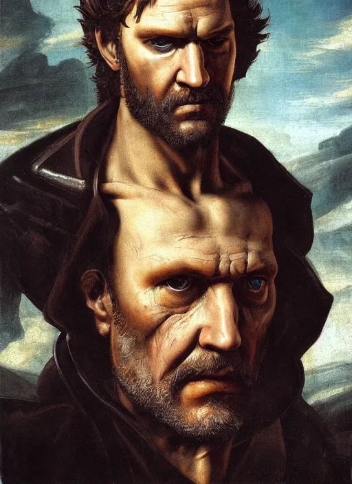 Image similar to punished snake big boss by michelangelo, oil painting, portrait, renaissance, masterpiece, tragic, beautiful, scan, google art project