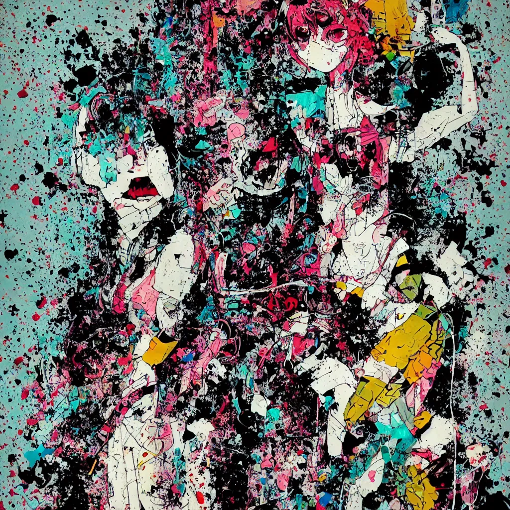 Image similar to girl figure, abstract, jet set radio artwork, ryuta ueda artwork, cryptic, rips, spots, fabric, asymmetry, stipple, lines, glitches, color tearing, pitch bending, stripes, bandages, guts, eerie, hearts, minimal, points, otomo katsuhiro artwork, technical, natsumi mukai artwrok, folds