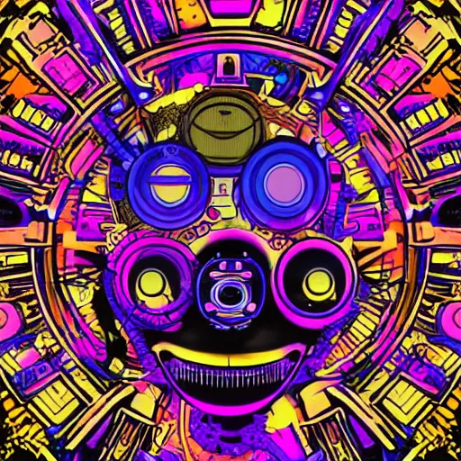 Prompt: mockup of a black tshirt with a hyperdetailed portrait of a happy steampunk robot on lsd, 8 k, symetrical, flourescent colors, happy trippy mood, multicolored,