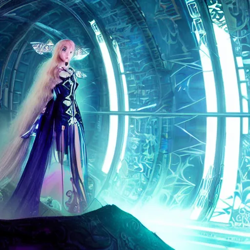 Image similar to A still of an ethereal, mysterious stunning maximalist mesmerizing elven girl from the rainbow sky paradise in Tron: Legacy (2010), high-tech, elegant, imposing, Victorian gothic lolita fashion, by Mark Ryden, artgerm, Hiroyuki-Mitsume Takahashi, WLOP, Goto Fujita, 奈良美智, Pixiv 3DCG, DAZ Studio, highly detailed, photorealistic, 8k resolution 3D, cinematic, dynamic lighting, octane render