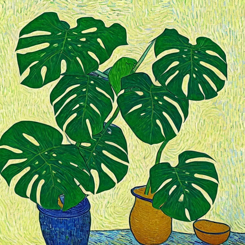 Prompt: A beautiful variegated monstera plant on a table in the style of Van Gogh