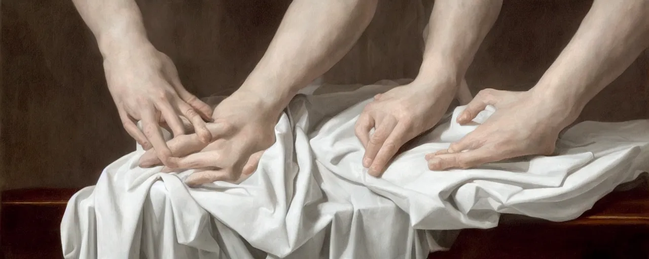 Prompt: hyperrealism, hands in white sheets, in style of neoclassicism