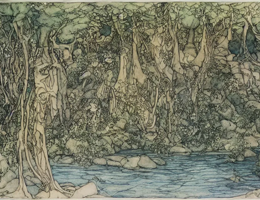 Prompt: a detailed, intricate watercolor and ink illustration with fine lines of the view from the river of an art nouveau rivendell, by arthur rackham and edmund dulac and lisbeth zwerger