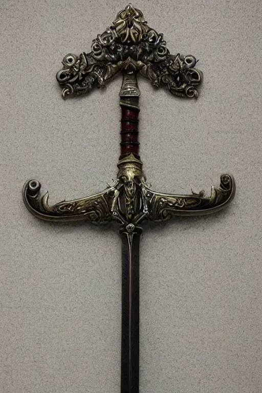 Prompt: sword of justice hanging on a wall, ornate gem in pommel, engraved blade, table at bottom