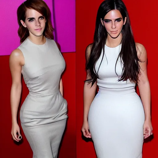 Image similar to Full-figure shot of a Emma Watson/Kim Kardashian hybrid