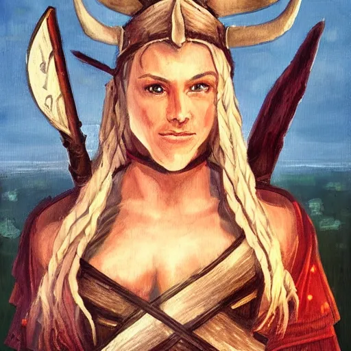 Image similar to a viking goddess who goes to war to recover her throne, in an oil painting style