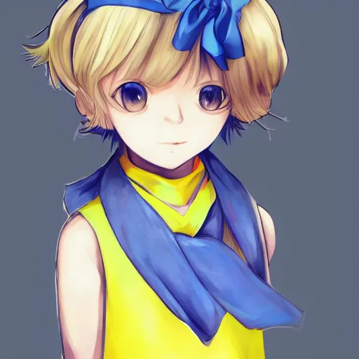 Image similar to full headshot portrait of blond babe 3 years old with gray eyes with a blue scarf and yellow t - shirt, drawn by wlop, by avetetsuya studios, attractive character, colored sketch anime manga panel, cirno from touhou, trending on artstation