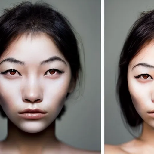 Prompt: a very beautiful face photo of a young asian woman in the style of martin schoeller, award winning photography