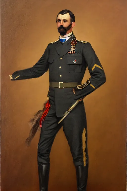 Image similar to full body portrait of the dictator of the oklahoma city thunder, 1 8 8 9, in full military garb, oil on canvas by william sidney mount, trending on artstation