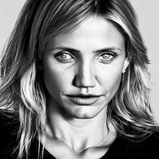 Image similar to close - up young cameron diaz, moody lighting, 8 k, shallow depth of field, cinematic lighting,