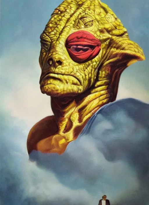 Image similar to oil painting portrait of a lizard person, a gorn from star trek, wearing a blonde wig in a movie poster for gone with the wind