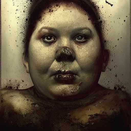 Image similar to portrait of the face of big fat old sumoringer as despair from sandman, venus of willendorf, by jeremy mann, by gregory crewdson, by bastien lecouffe deharme, by russ mills, sad face, topknot, black hair, mourning, black eyes, white room, soft lightning, high detailed, 8 k