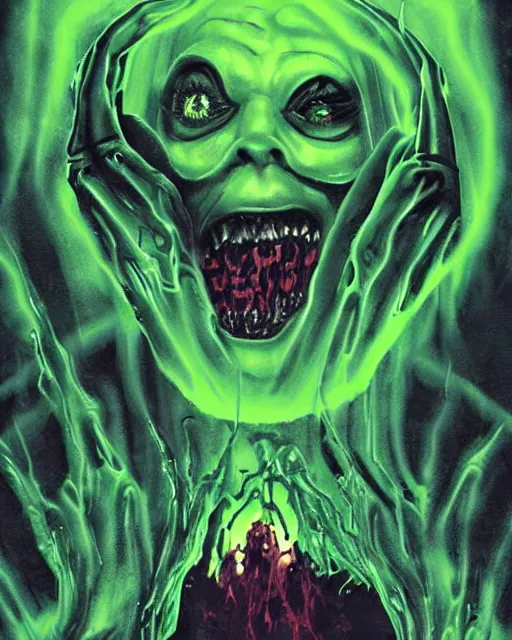 Image similar to a horror movie poster for the ooze, a being of green ghostly viscous slime making its way through abandoned midnight suburban streets, inevitable doom, concept art, goosebumbs novel cover, wisp lights, rhads,