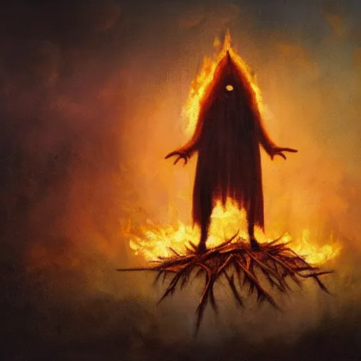 Prompt: ominous bedsheet ghost standing in a burning forest, oil painting, brush strokes, gloomy foggy atmosphere, symmetrical, full body image, highly ornate intricate details,