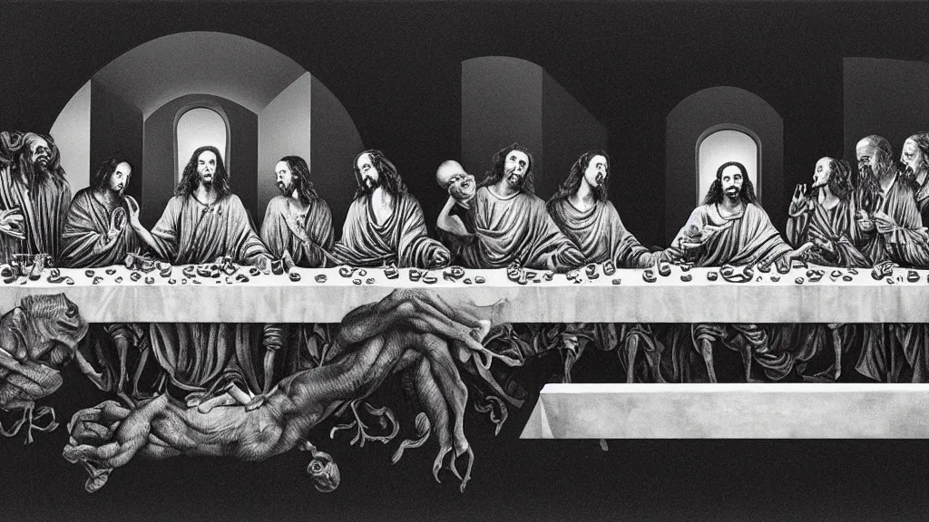 Image similar to the newest masterpiece of salvador dali inspired by dan hillier, it is called ; the last supper