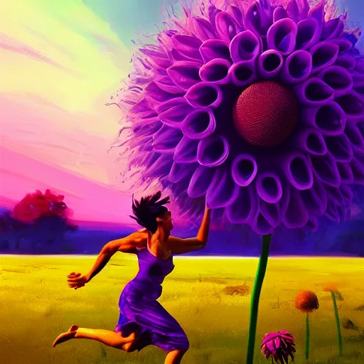 Prompt: portrait, giant purple dahlia flower head, woman running at orange beach, surreal photography, sunrise, blue sky, dramatic light, impressionist painting, digital painting, artstation, simon stalenhag