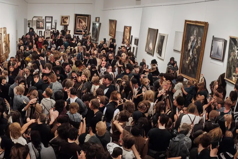 Image similar to a big group of punk people destroying a museum art show