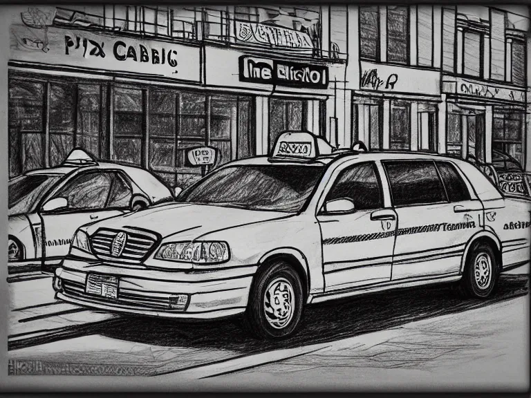 Image similar to a pencil drawing of one single taxi cab. by pen tacular