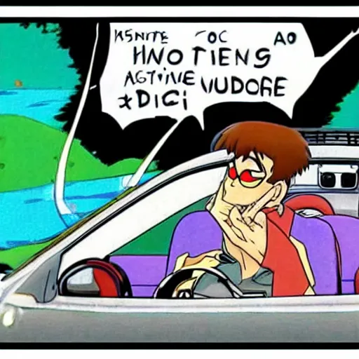 Image similar to scooby doo holding the steering wheel driving inside a nissan pulsar through windy roads in the hills, anime style akira initial d