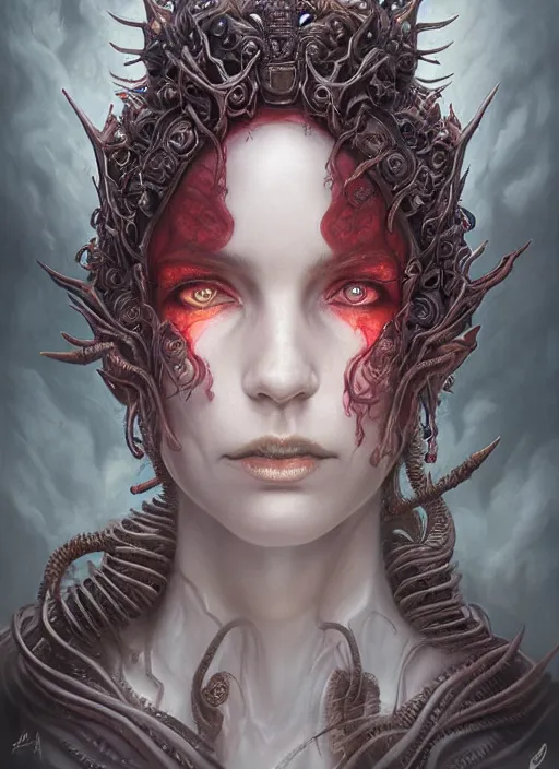 Prompt: a hyper detailed face portrait of the queen of blades, wide eyes, diablo 4 lilith, sideshow figurines, cthulu, by tom bagshaw, artgerm, dorian cleavenger, zdzisław beksinski trending on artstation