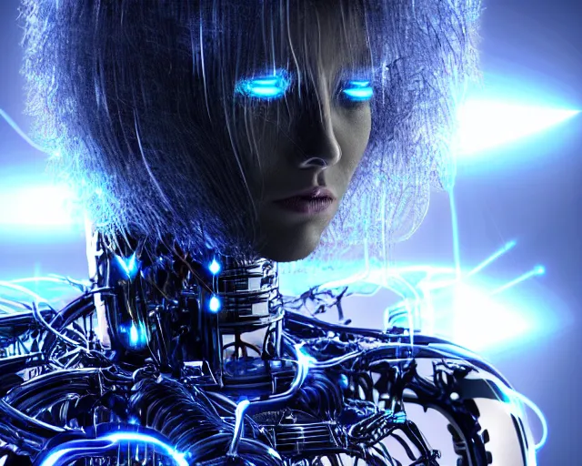 Image similar to glowing hair, complex cybernetic beings, beautiful hairy humanoids, cybermagnetosphere, cybernetic civilizations, ornate hair, love, joy, vortexes, large arrays, data holograms, 8 k, cinematic light shadows, wet hdr refractions, *, * * *, * * * * *