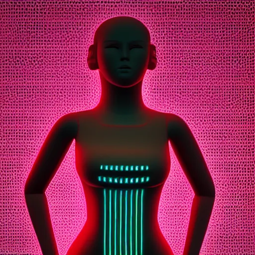 Prompt: stylised silicone girl futuristic machine in misty haze red neon 4k