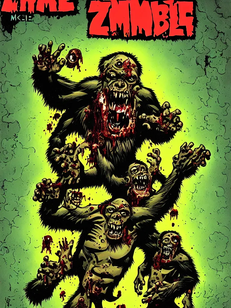 Prompt: zombie ape comic cover art by mike mignola,