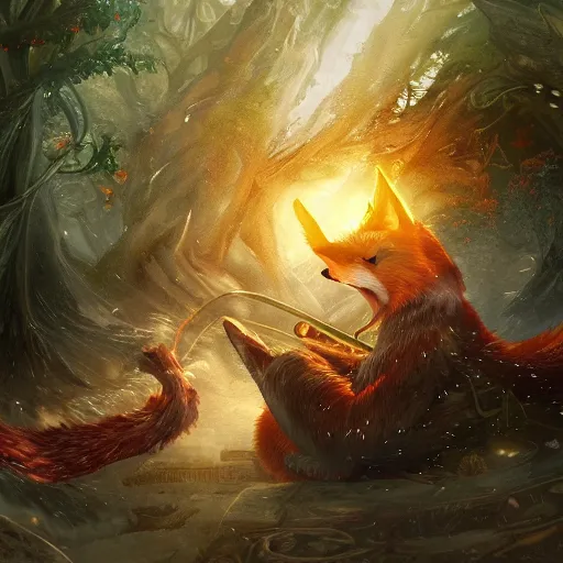 Image similar to Kitsune Fox playing big Harp in magical forest, magic the gathering artwork, D&D, fantasy, cinematic lighting, centered, symmetrical, highly detailed, digital painting, artstation, concept art, smooth, sharp focus, illustration, volumetric lighting, epic Composition, 8k, art by Akihiko Yoshida and Greg Rutkowski and Craig Mullins, heroic pose, oil painting, cgsociety