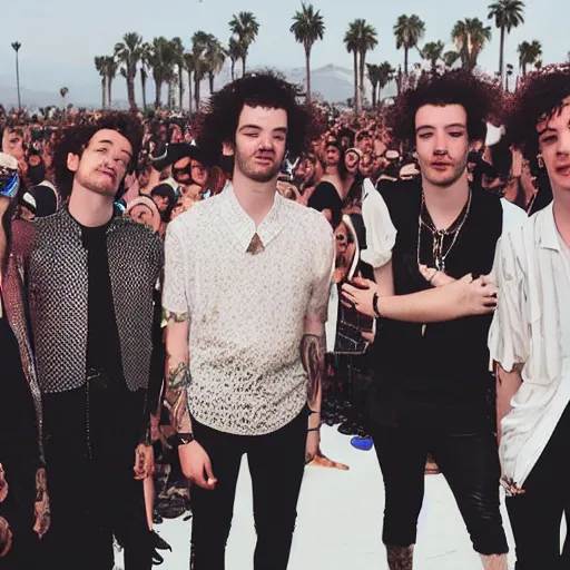 Image similar to the 1 9 7 5 performing at coachella, band performance, close up pictures of matty healy, joy, crowd