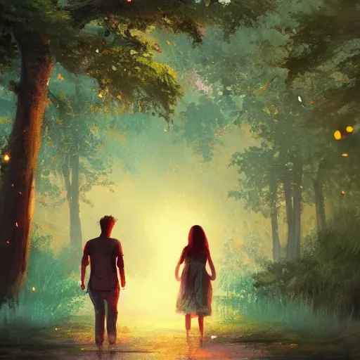Prompt: a couple walking along a river, enchanted trees, nightime, fireflies, great colors, by greg rutkowski, trending on artstation